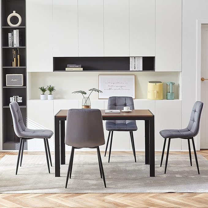 5 PCS Dining Table Set for 4, Modern Engineered Wood Table Walnut Wipe Clean with 4 Upholstered Velvet Home Chair Soft No Arms Accent Chairs with Back for Small Spaces