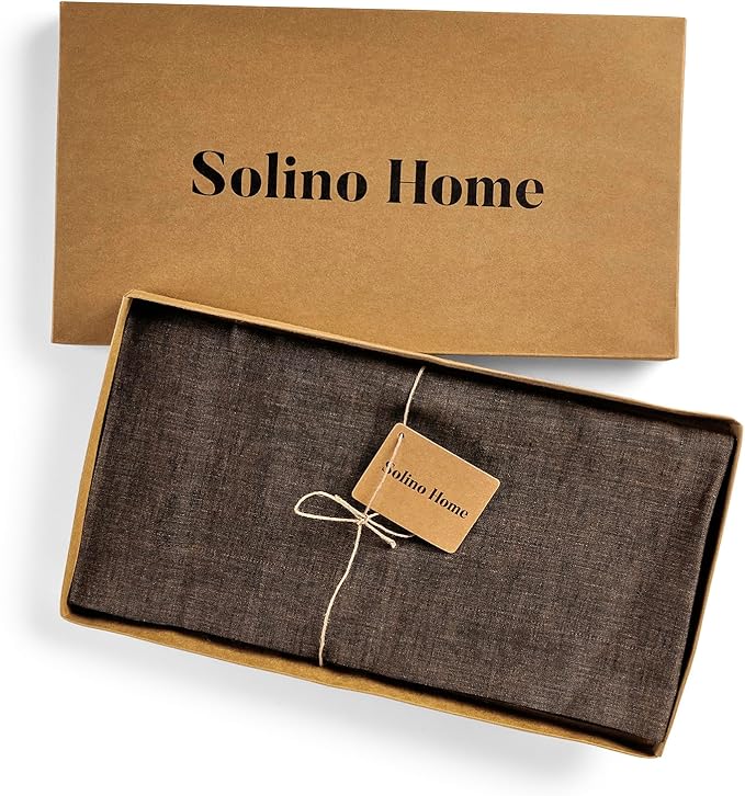 Solino Home Linen Tablecloth 60 x 108 Inch - 100% Pure Linen Chambray Brown Table Cloth for Rectangle Tables - Athena, Machine Washable Tablecloth