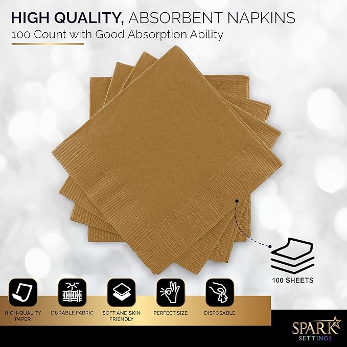 100 Pack Gold Beverage Napkins, Big Party Pack, 2 Ply, Ideal for Wedding, Party, Birthday, Dinner, Lunch, Cocktails. (5” x 5”) by Amcrate