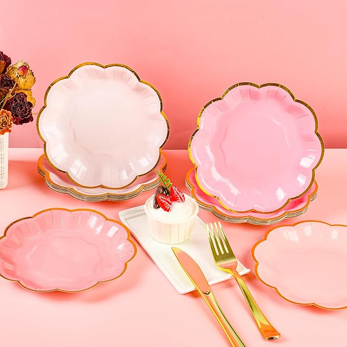 Pink Party Plates Valentines Day Gradient Pink Dessert Paper Plates 7inch Gold Foil Scalloped Edge Disposable Cake Plates for Christmas Birthday Bridal Baby Shower Party Supplies (24)