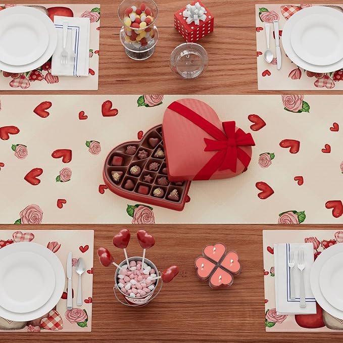 XCHI Roses Flowers Love Hearts Vase Valentine’s Day Table Runner Table Decoration for Party Home Kitchen Dining Dinner Holiday Decor 13x90 Inch
