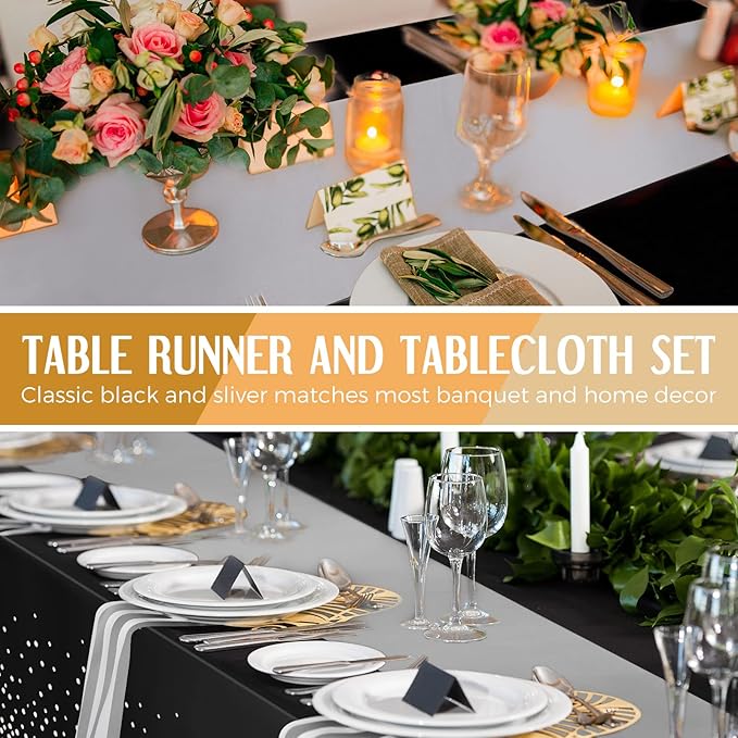 Breling 24 Packs Black and Silver Disposable Plastic Tablecloths and Satin Table Runner Set, 54 x 108 Inch Tablecloth, 12 x 108 Inch Table Runners for Wedding Graduation Birthday Baby Shower