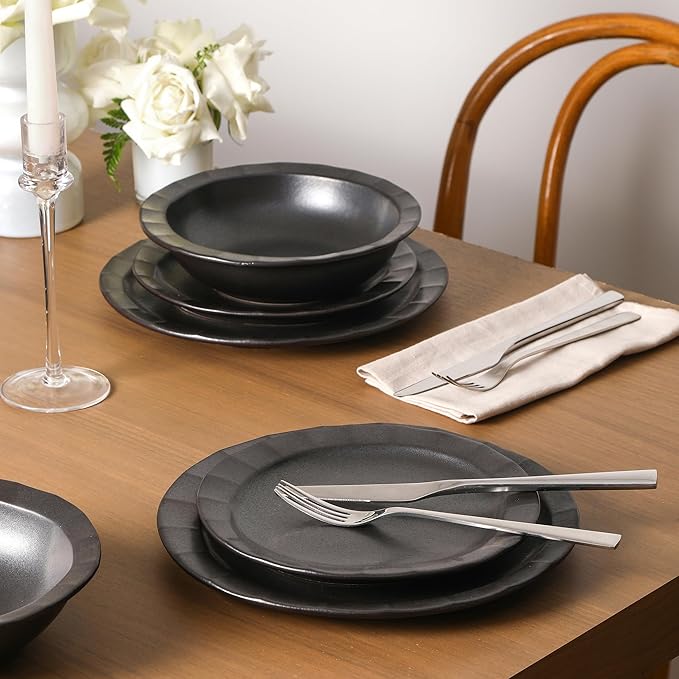 Stone Lain Oasis Stoneware 24 Piece Dinnerware Set, Home Kitchen Dish Set with Dinner Plates, Salad Plates & Bowls - Service for 8, Black