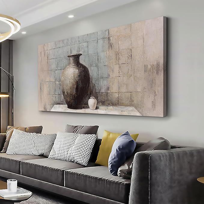 Abstract Wall Art Vintage Vase Still Life Textured Oil Painting Style Canvas Painting Framed Blue Gray Brown Wall Decor Rustic Artwork，Suitable for Decorating Living Rooms, Bedrooms, Dining Rooms, and Home Offices 20"X40"
