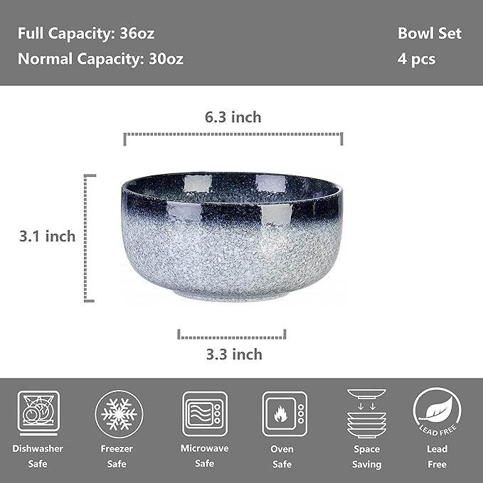 S&Q'S CERAMICS Cereal Bowls - 36 Ounce, Japanese Noodle Bowl Set, Ceramic Bowls for Kitchen, Breakfast, Oatmeal, Microwave and Dishwasher Safe, [Set of 4], Dark Blue