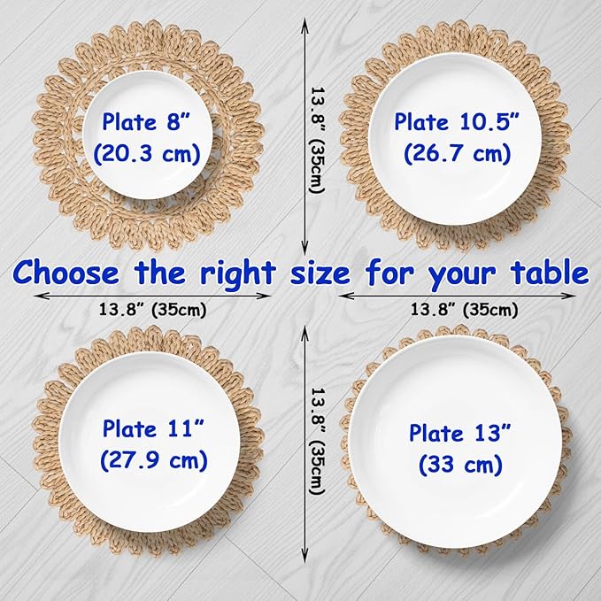 13.8" Round Corn Husk Placemats | Boho Woven Rattan Table Mats | Natural Spring Farmhouse Plate Chargers | Handmade Rustic Wicker Place Mats for Christmas Wedding (Set of 4)