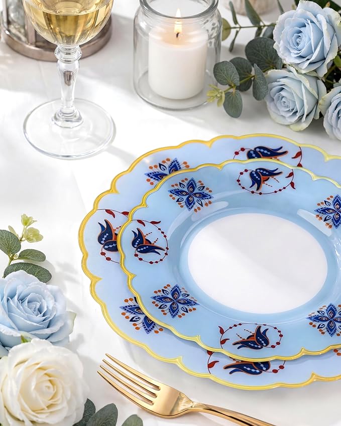 Morejoy 60Pcs Plastic Disposable Plates Set - Blue Plastic Plates Featuring Blue & Orange Floral Design With Gradient Gold Rim. Includes 30 Dinner Plates & 30 Dessert Plates, Perfect for Wedding,Party