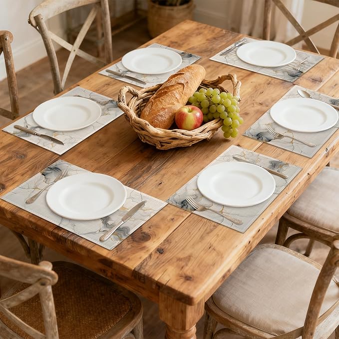 Placemats Set of 6 Abstract White Marble Texture Place Mats Washable Kitchen Dining Linen Table Mats Stain Heat, for Home Party Indoor 12x18 in