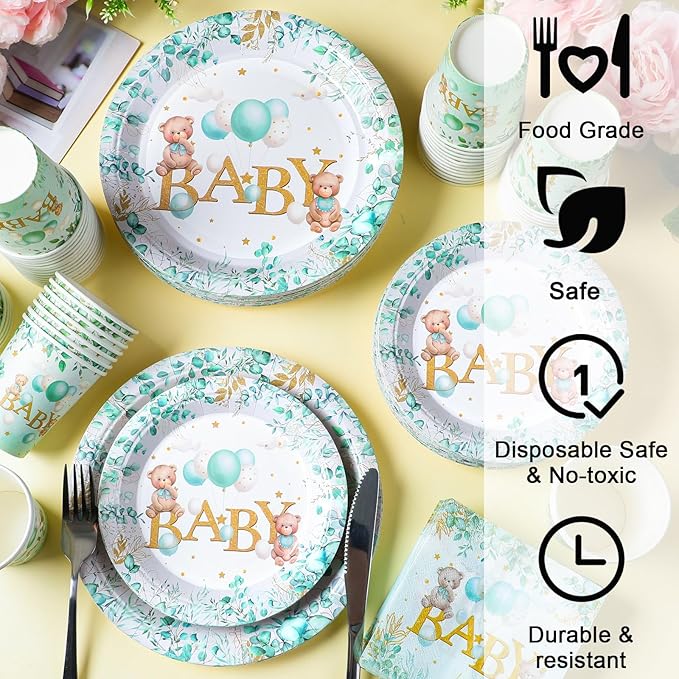 200 Pieces Party Supplies Tableware Set Patterns Printed Plates Napkins Cups Table Decorations for Baby Shower Birthday Party (Bear)