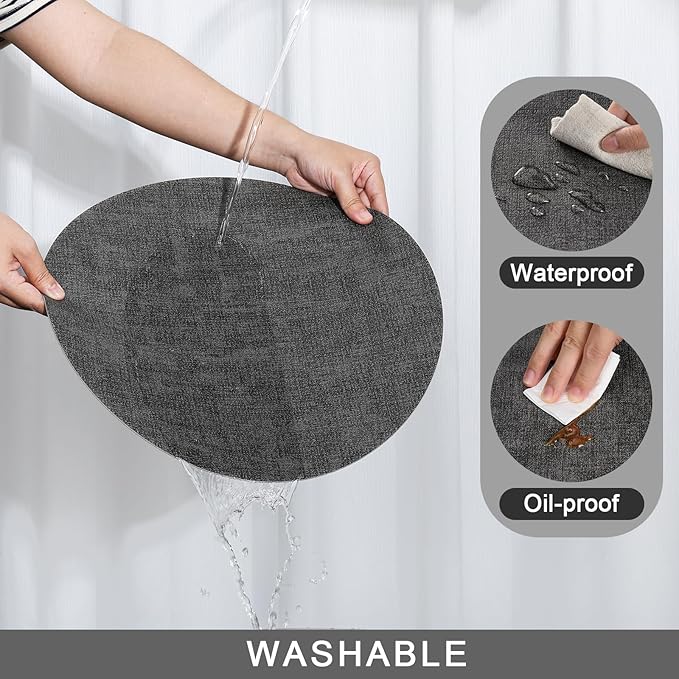 Myir JUN Round Placemats, Dual Sided Faux Leather Place Mats Set of 6 Indoor/Outdoor Non-Slip Washable Table Mats (Gray, Set of 6)