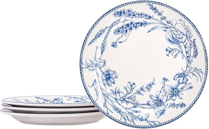 Bico Blue Garden Toile De Jouy Salad Plates Set of 4, 8.75 Inch Ceramic Dessert Plates for Salad, Appetizer, Side Dishes, Microwave and Dishwasher Safe, Gift for Housewarming and Thanksgiving