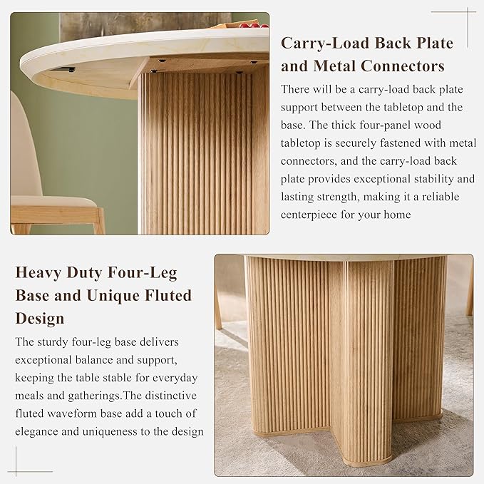 T4TREAM 47" Fluted Round Dining Table for 4-6, Mid-Century Modern Kitchen Table with Thickened Edge & Sturdy Pedestal Base for Kitchen Living Room,Marble & Natural Oak(Table Only)