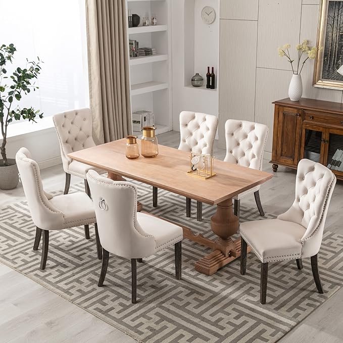 KCC Velvet Dining Chairs Set of 6, Upholstered High-end Tufted Dining Room Chair with Nailhead Back Ring Pull Trim Solid Wood Legs, Nikki Collection Modern Style for Kitchen, Beige