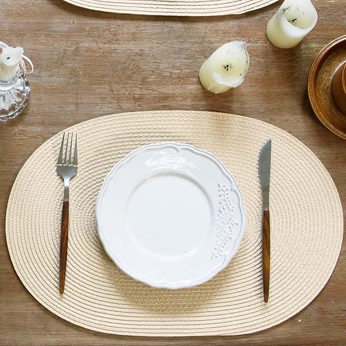 FunWheat Oval Braided Placemats Set of 8 Table Mats for Dining Tables Washable Heat Resistant Place Mats for Indoor Outdoor Use 12 x18 Inch(Oval Beige, 8pcs)