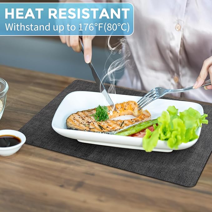 Placemats Set of 4 Washable, Heat Resistant Table Placemats Wipeable Faux Leather Place Mats Non Slip, Waterproof Square Table Mats for Indoor Outdoor, Charcoal Gray