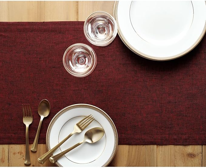 Solino Home Linen Table Runner 48 Inches - 100% Pure Linen Red Garnet Table Runner 14 x 48 Inch Ideal for Dresser and Coffee Tables - Valentines, Winter - Athena