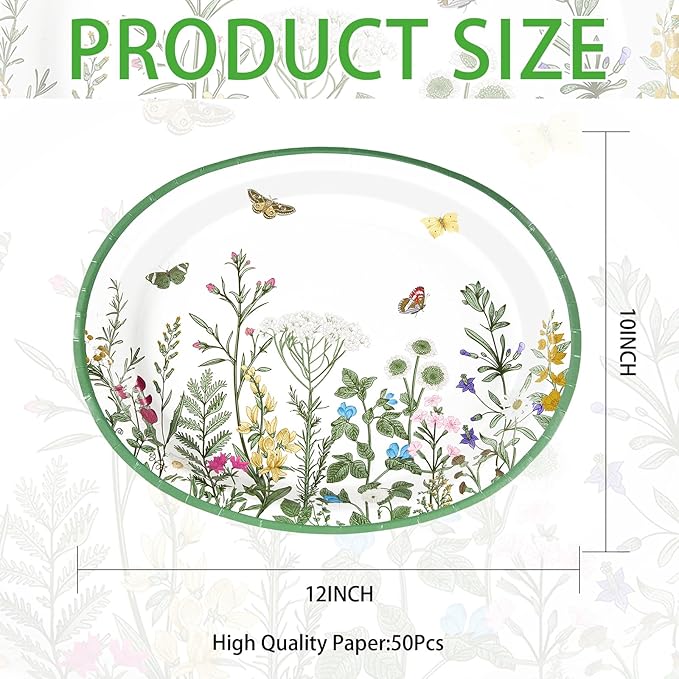 50Pcs Wildflower Oval Paper Plates 10" x 12" Large Disposable Heavy Duty Vintage Green Wildflower Platters Spring Butterfly Flowers Dessert Plates for Seasonal Lunch Dinner Tea Picnic Party Supplies