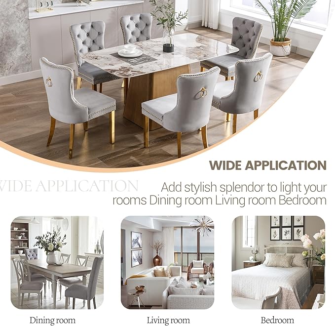 KCC Velvet Dining Chairs Set of 6, Upholstered High-end Tufted Dining Chair with Nailhead Back Ring Pull Trim Stainless Steel Legs, Contemporary Nikki Collection Modern Style for Kitchen, Light Gray