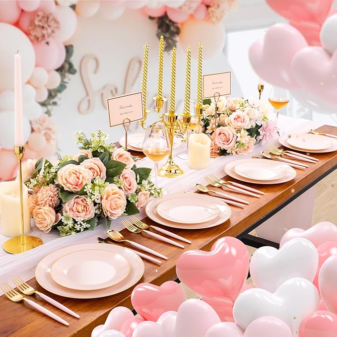 Liacere 150PCS Plastic Plates-Gold Plastic Silverware with Pink Handle - Pink Disposable Plates Include 30 Guests Plates, Forks, Spoons, Knives for Wedding＆Easter Day＆Galentines day＆Valentine's Day