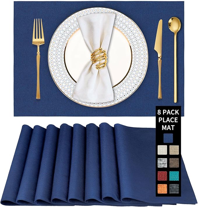 Cloth Placemats Set of 8 - Thickened Navy Blue Table Placemats Set - Heat Resistant Dining Table Place Mats Washable Kitchen Table Mats Set of 8, 18x12 inch, Easy to Clean(Blue)