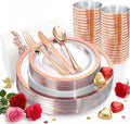 YOUBET 175PCS Rose Gold Plastic Plates - Clear Plastic Plates Disposable with Rose Gold Rim includes 50 Rose gold plates, 25Forks, 25Knives, 25Spoons, 25Cups, 25Napkins for Party & Wedding