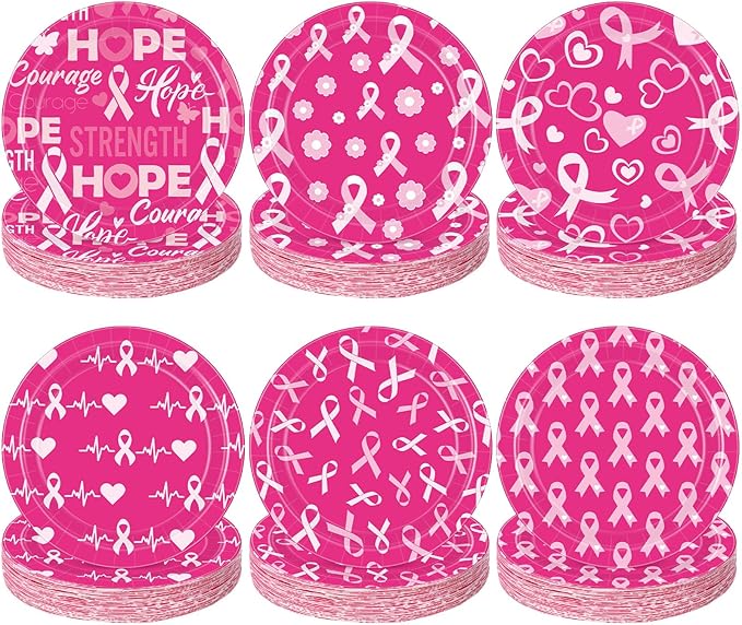 60 Pcs Breast Cancer Awareness Decorations 7 Inch Pink Ribbon Survivor Paper Plates Disposable Party Supplies Hope Love Cure Plates for Breast Cancer Awareness Month Women Charity Activities