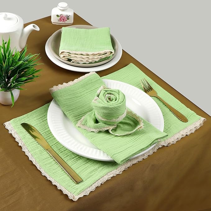 Fingercraft Dinner Cloth Napkin Cotton Muslin Double Gauze 4 Pack with Classic Lace for Everyday Use, Wedding, Party, Christmas, Easter Napkins Cloth are Pre Shrunk and Good Absorbency Lettuce Green