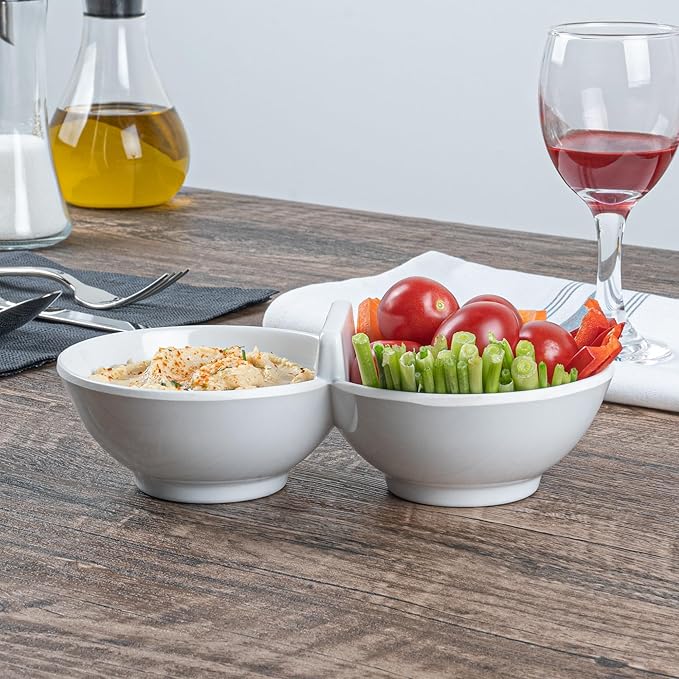 Restaurantware Voga 8.5 Ounce Divided Serving Dishes 10 Round Condiment Serving Dishes - 2 Compartments Serve Appetizers Snacks Dips Or Dressings White Melamine 2 Compartment Dishes