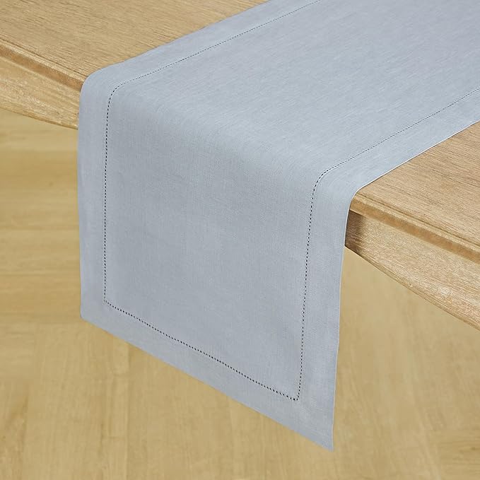 Solino Home Linen Dusty Blue Table Runner 90 Inches Long - 100% Pure Linen Hemstitch 14 x 90 Inch Table Runner for Dining, Winter, Spring, Easter - Classic Hemstitch