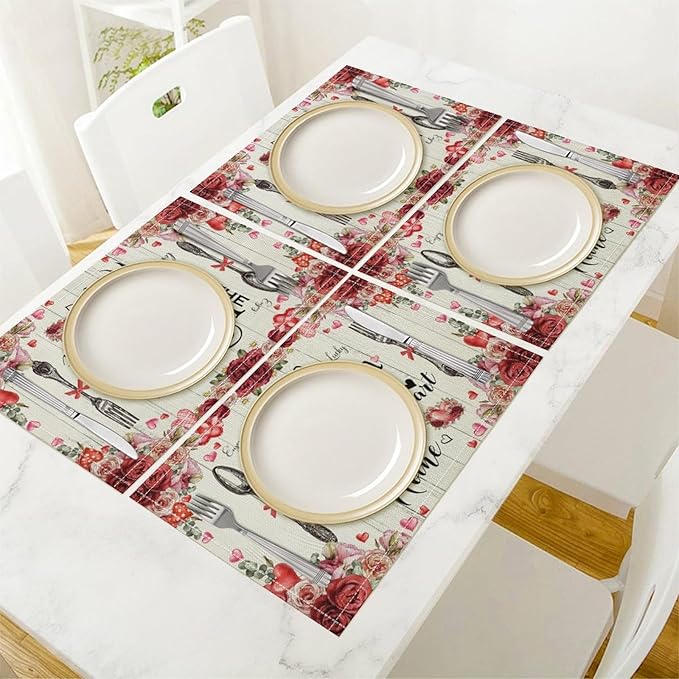 Retro Farmhouse Placemat Set, Romantic Pink Rose Floral Rural Plank Art Sketch Cutlery Knife Fork Inspirational Quotes Pattern Home Decor Linen Table Mats for Dining Room Kitchen Party (17x12in) x2P