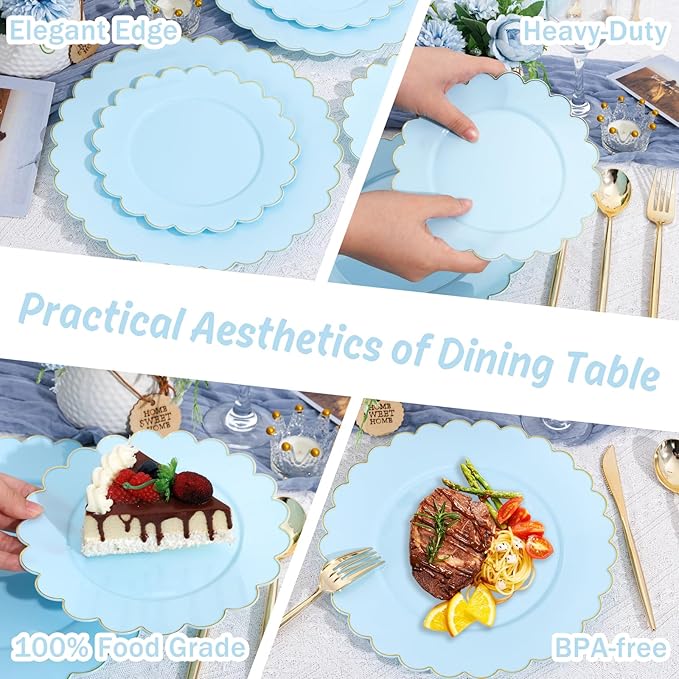LIYH 120 Pcs Baby Blue Plastic Plates with Gold Edge - Disposable Light Blue Scalloped Baby Shower Plastic Plates Includes 60 Dinner Plate 10.25" & 60 Dessert Plate 7.5" for Birthday Party
