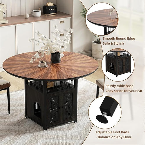 47" Round Dining Table Set for 4-6 People, Large Farmhouse Kitchen Dining Table Set with Chairs and Storage Rack, Metal Base Round Table for Home Dining Room Living Room (Cat table and 4 brown chairs)