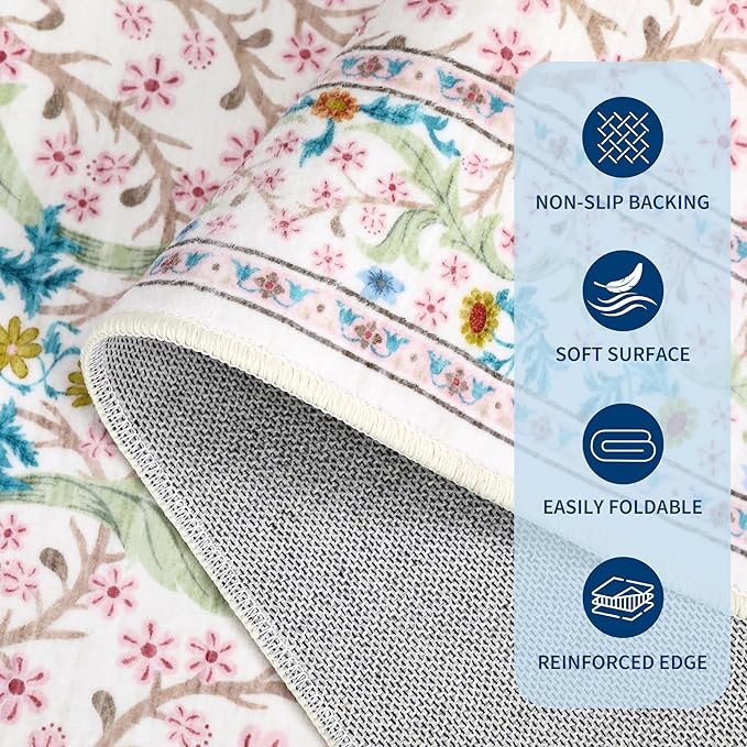GarveeHome 2x6 Runner Rugs, Washable Rug for Hallway Pink Non Slip, Ultra-Thin Boho Soft Kitchen Runner Rug Botanical Carpet for Entryway, Laundry Room, Bedroom