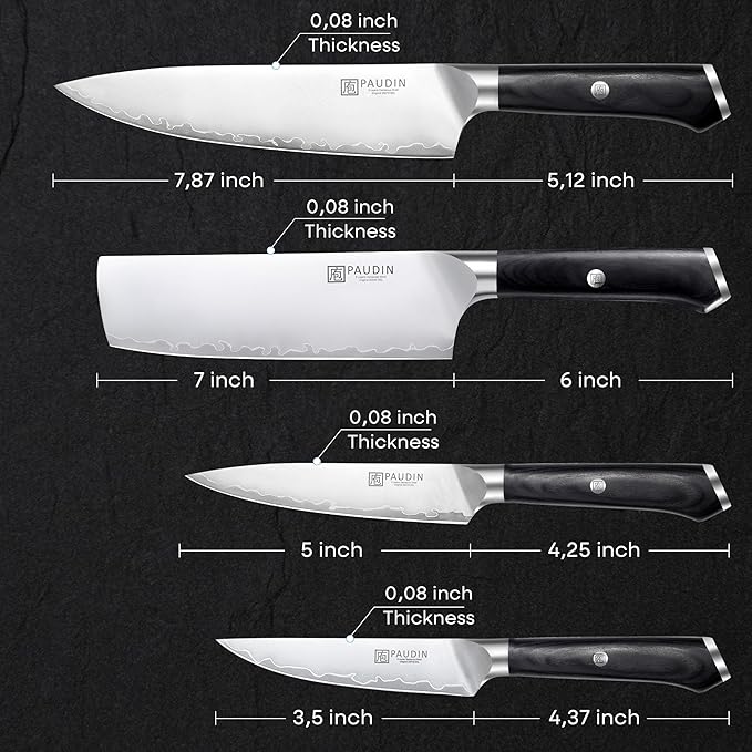PAUDIN Kitchen Knife Set, 4 Pieces Chef Knife Set, High Carbon Stainless Steel Knife Set, Ultra-Sharp Knives Set for Kitchen with Ergonomic Wooden Handle, Gifts for Men and Women
