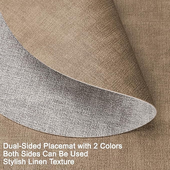Placemats and Coasters, Washable Placemats Round Faux Leather Wipeable Place Mats Non Slip Heat Resistant Indoor Outdoor Table Mats (Set of 6, Light Gray Beige)