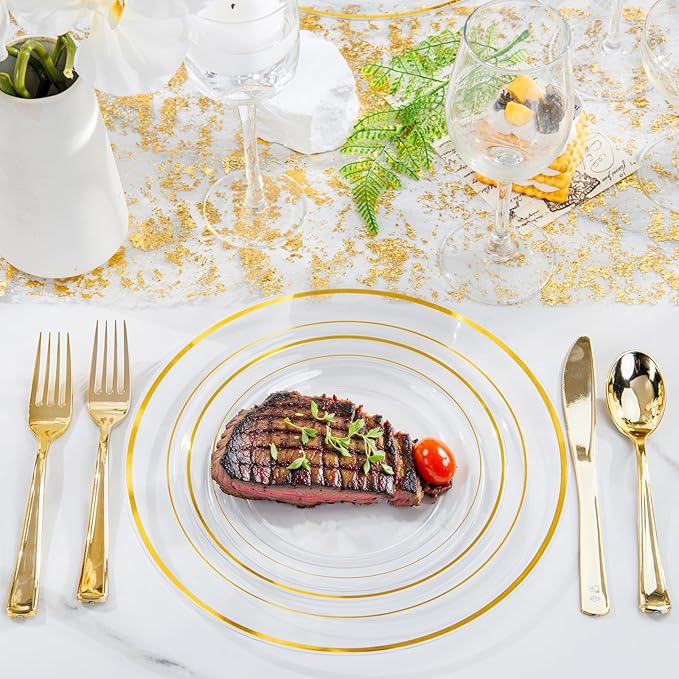 FLOWERCAT 100PCS Clear Plates with Gold Trim - Heavy Duty Clear and Gold Plastic Plate Disposable for Birthday Party/Wedding Include 50PCS 10.25inch Dinner Plates - 50PCS 7.5inch Cake Plate