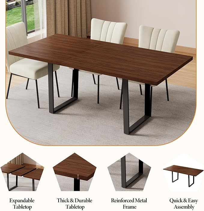 ZckyCine 67" Expandable Walnut Dining Table and 6 Upholstered Chairs, 7-Piece Dining Room Furniture Set, Mid-Century Modern Style for Home, Dining Room and Kitchen