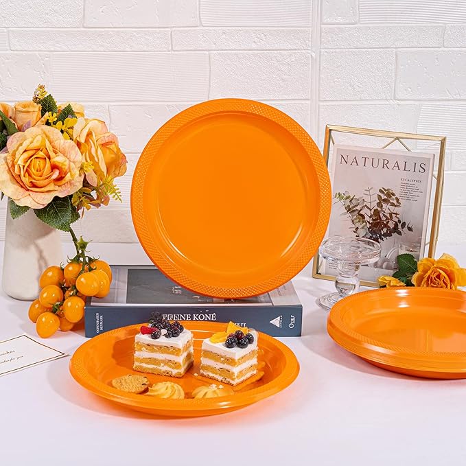 WELLIFE Orange Party Plates 10 Inch -150 Count, Plastic Disposable Dinner Plates for Party Easter Halloween Thanksgiving Picnic BBQ