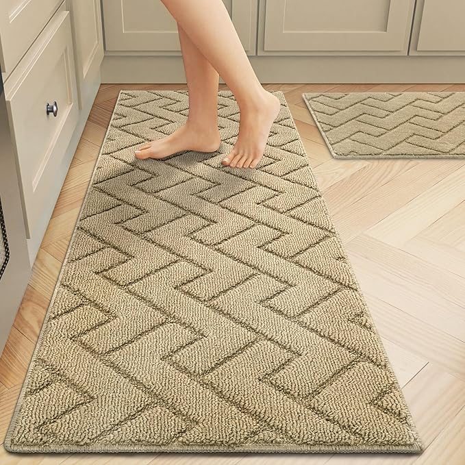 hicorfe Kitchen Rugs and Mats Sets,2 Pieces Super Absorbent Polypropylene Non-Slip Rug,Soft Comfort Floor Mat,Machine Wash for Kitchen,Hallway,Office,Sink,Laundry(20" x 32"+20" x 48",Brown)