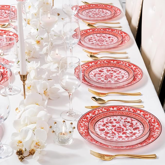 Hioasis 60pcs Red Plastic Plates Set - Floral Red & White Porcelain Design, 10.25" Dinner & 7.5" Dessert Plates Disposable for Christmas (Dishwasher Safe, Art Style)