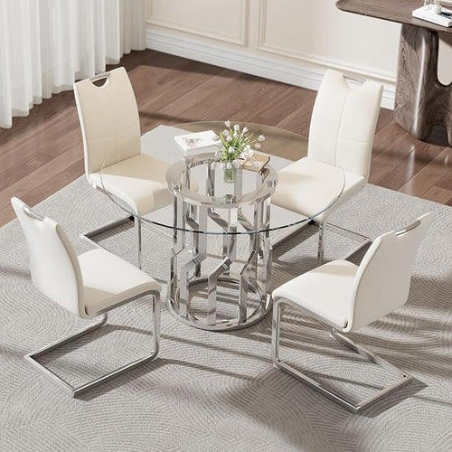 38.9" Round Glass Dining Table Set for 4, Modern 5 Piece Kitchen Table Set with Silver Stainless Steel Base & 4 PU Leather Accent Chairs, Saving Space, Dining Set for Apartment, Home - White Chair