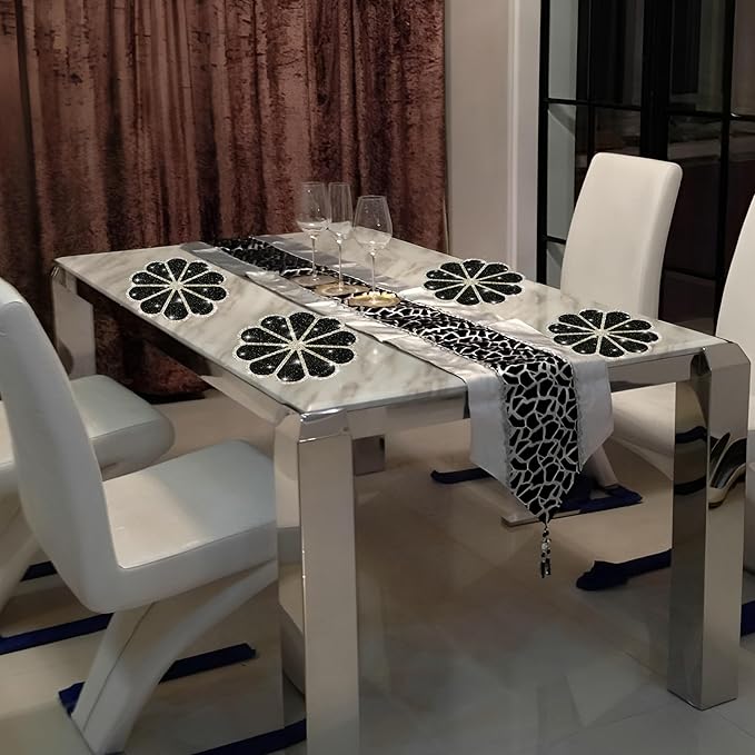 Washable Waterproof Diamond Circle Placemats for Round Tablescape Decor for Dinner and Kitchen Bling Placemats for Weddings & Special Events (Black)-2PCS