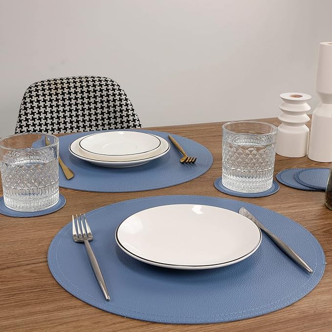 Set of 8 Faux Leather Round Placemats and Coasters, Coffee Mats Kitchen Table Mats, Waterproof, Easy to Clean for Kitchen Dining Round Table