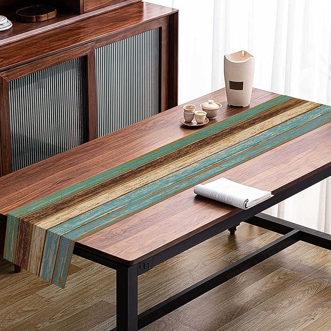 Mcalk Farmhouse Table Runner and Placemats Set of 6 Pieces, Teal and Brown Placemats Wooden Texture,Rectangle Cloth Place Mats Indoor for Kitchen,Washable Placemats Linen Material for Living Table