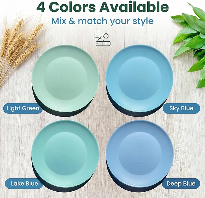 10 inch Wheat Straw Plates, Unbreakable Flat Dinner Plate Set of 8, BPA Free Dishwasher & Microwave Safe Reusable Salad Camping for Kids Kitchen (4 Color)