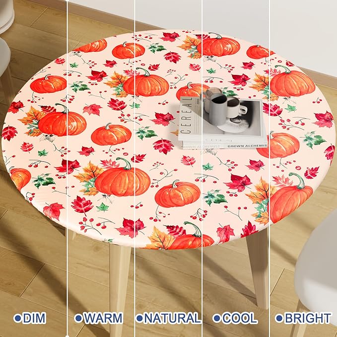 Round Spandex Thanksgiving Tablecloth, Elastic Fitted Waterproof Tablecloths for 57"-68" Tables, Stretch Washable Picnic Table Cover for Autumn Harvest Partiesr, Pumpkin Leaf