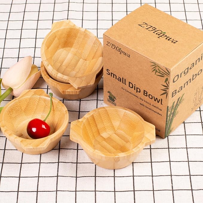 Mini Serving Bowls, 1.7 oz Small Bamboo Dipping Sauce Bowls with Handles for Charcuterie Boards/Side Dishes, Tart-shaped Pinch Bowl for Condiments/Snacks/Other Finger Foods, Set of 4