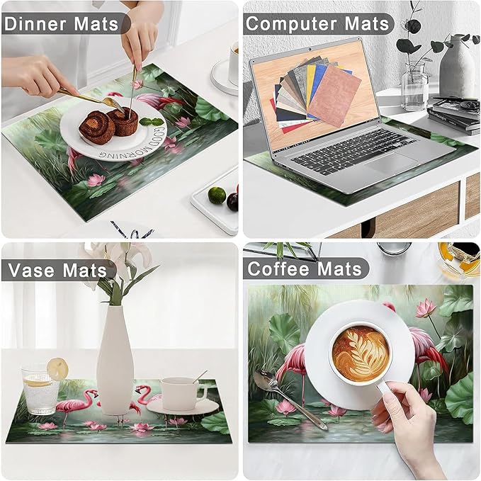 Flamingo Placemats Set of 6, Flamingo Tropical Flowers Place Mats, Wildlife Waterproof Washable Table Mats for Home Party Indoor Kitchen Dining Table Decoration 12x18 Inch