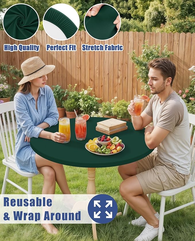 Round Spandex Tablecloth, Elastic Fitted Waterproof Tablecloths for 45"-56" Tables, Stretch Washable Picnic Table Cover for Camping, Dining, Indoor and Outdoor, Hunter Green