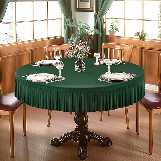 6 Pack Hunter Green Spandex Round Tablecloths for 60 inch Table, Stretchy Fitted 5FT Round Table Cloth with Skirt for Wedding Party Dining Banquet